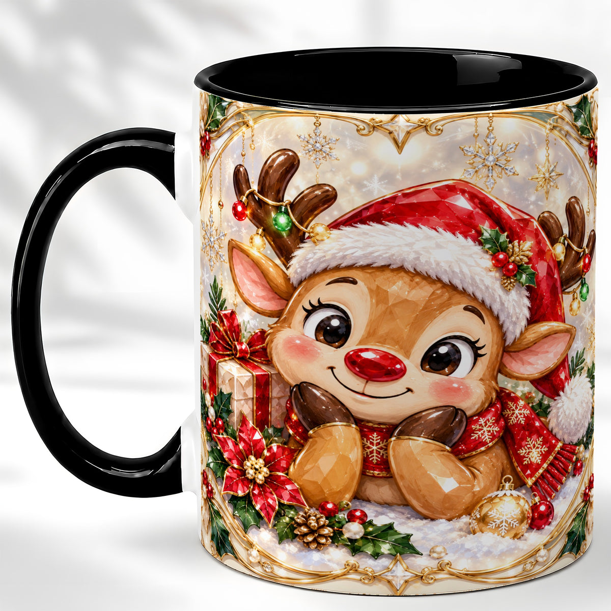 #pl[11oz|Black] Jeweled Christmas Reindeer Coffee Mug, Holiday Deer Mug, Ceramic Cup