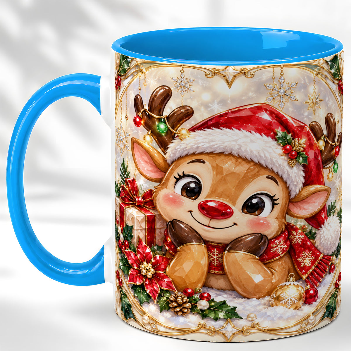 #pl[11oz|Blue] Jeweled Christmas Reindeer Coffee Mug, Holiday Deer Mug, Ceramic Cup