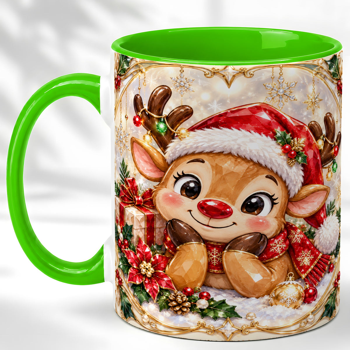 #pl[11oz|Green] Jeweled Christmas Reindeer Coffee Mug, Holiday Deer Mug, Ceramic Cup