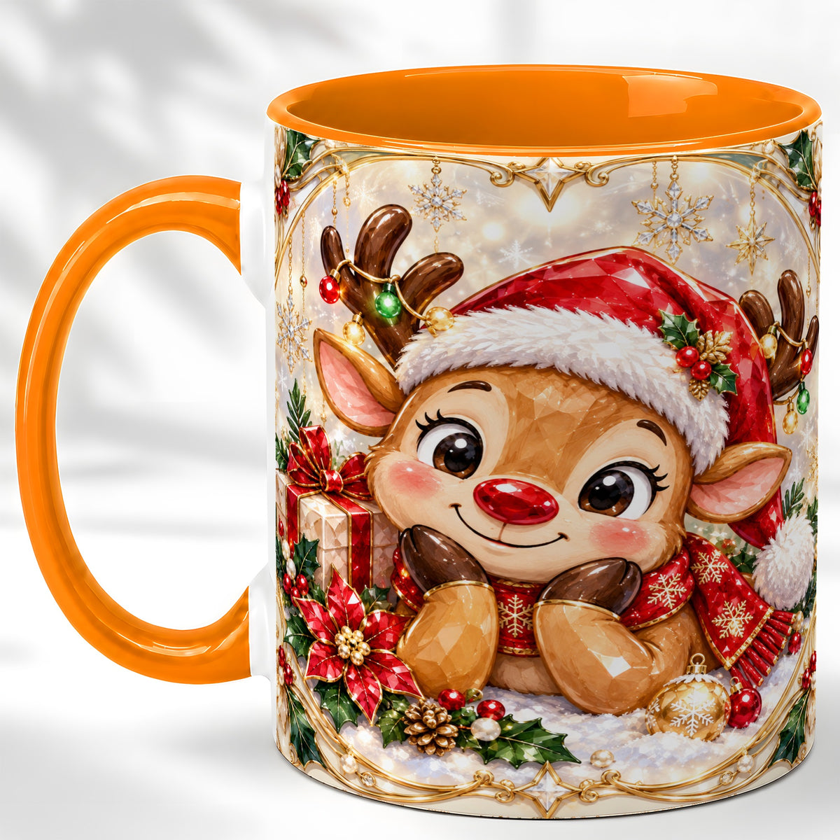 #pl[11oz|Orange] Jeweled Christmas Reindeer Coffee Mug, Holiday Deer Mug, Ceramic Cup
