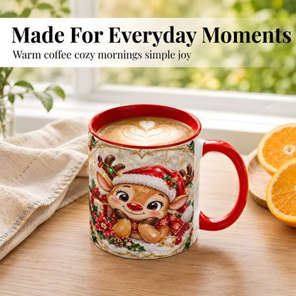 #pl[11oz|Red] Jeweled Christmas Reindeer Coffee Mug, Holiday Deer Mug, Ceramic Cup