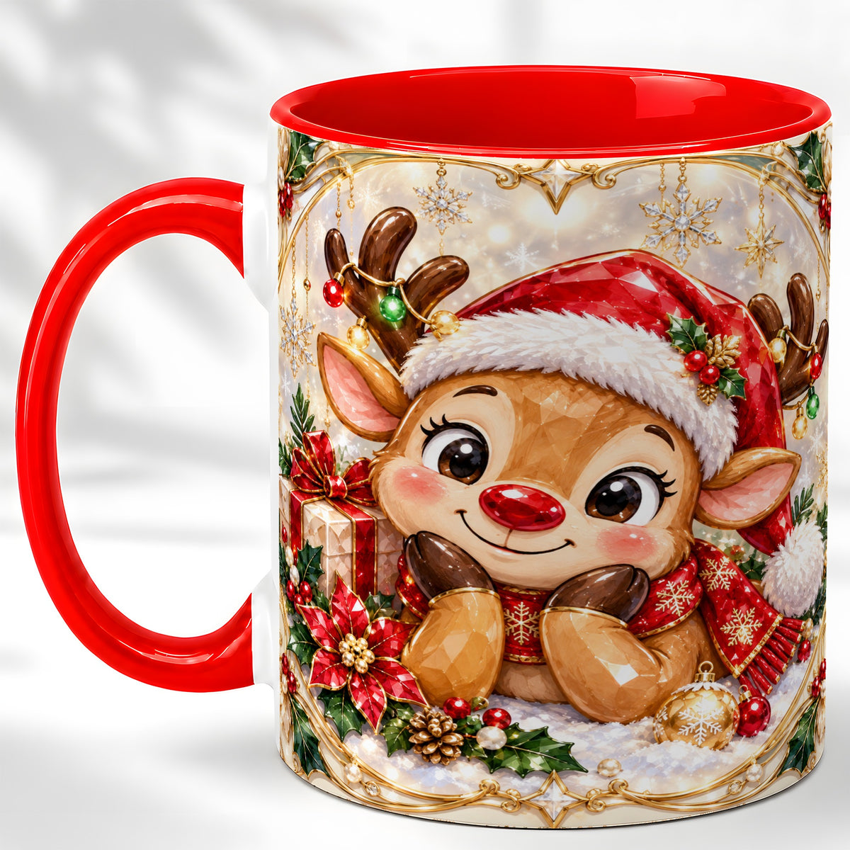 Jeweled Christmas Reindeer Coffee Mug, Holiday Deer Mug, Ceramic Cup