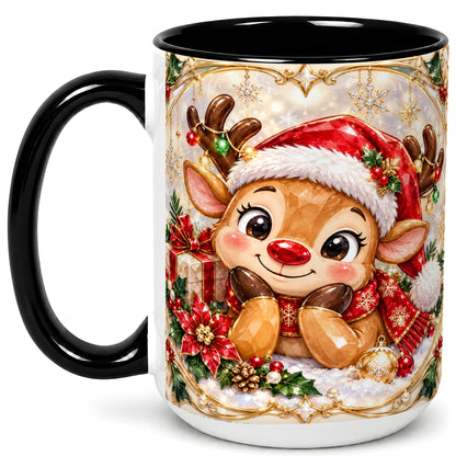 #pl[15oz|Black] Jeweled Christmas Reindeer Coffee Mug, Holiday Deer Mug, Ceramic Cup