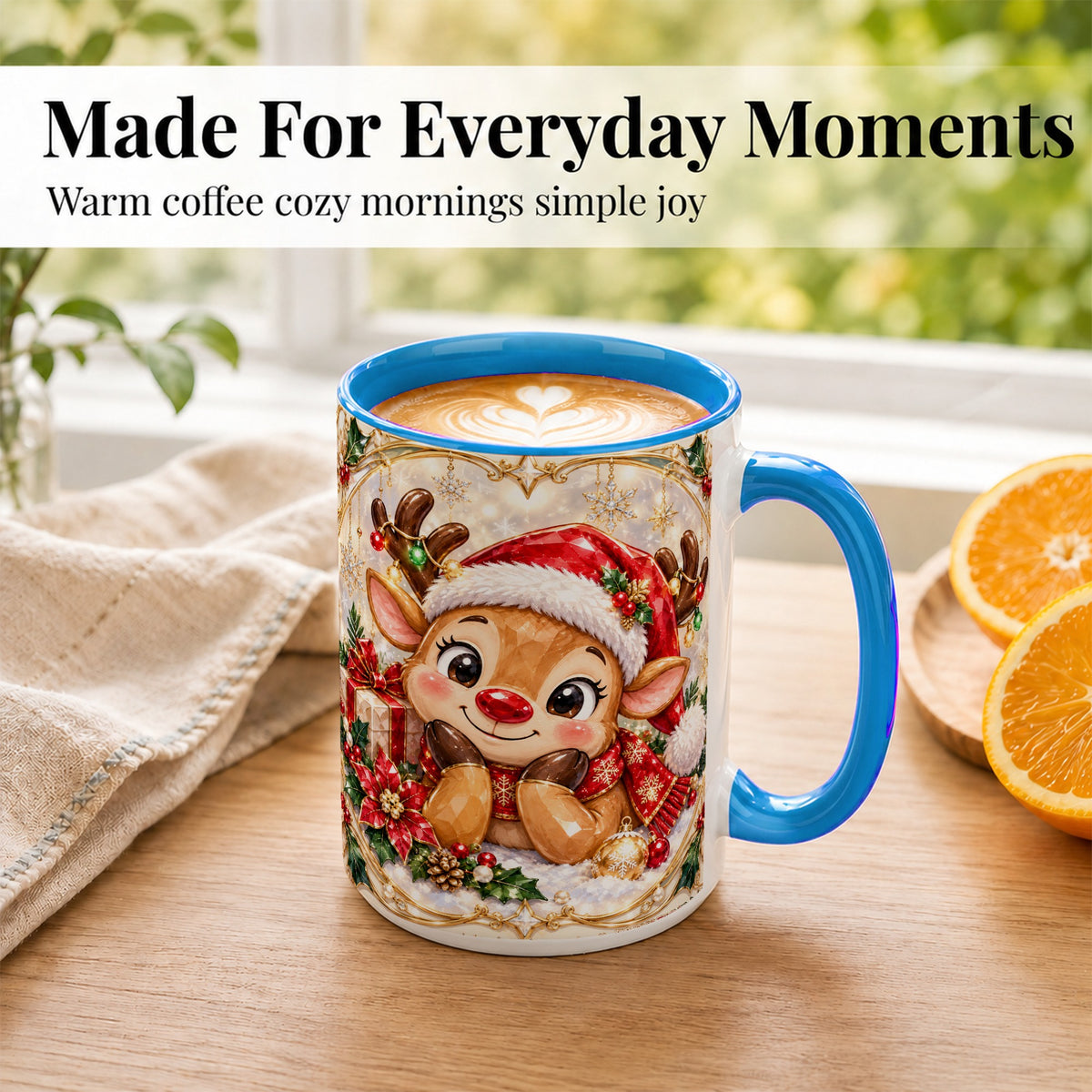 #pl[15oz|Blue] Jeweled Christmas Reindeer Coffee Mug, Holiday Deer Mug, Ceramic Cup