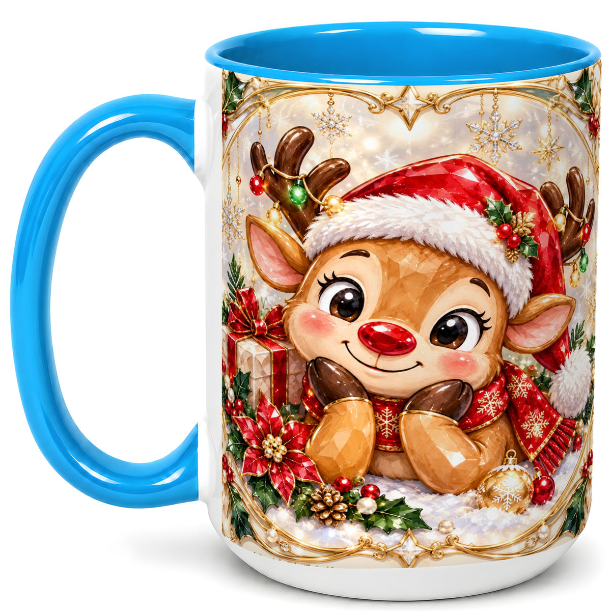 #pl[15oz|Blue] Jeweled Christmas Reindeer Coffee Mug, Holiday Deer Mug, Ceramic Cup