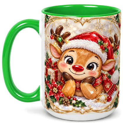 #pl[15oz|Green] Jeweled Christmas Reindeer Coffee Mug, Holiday Deer Mug, Ceramic Cup