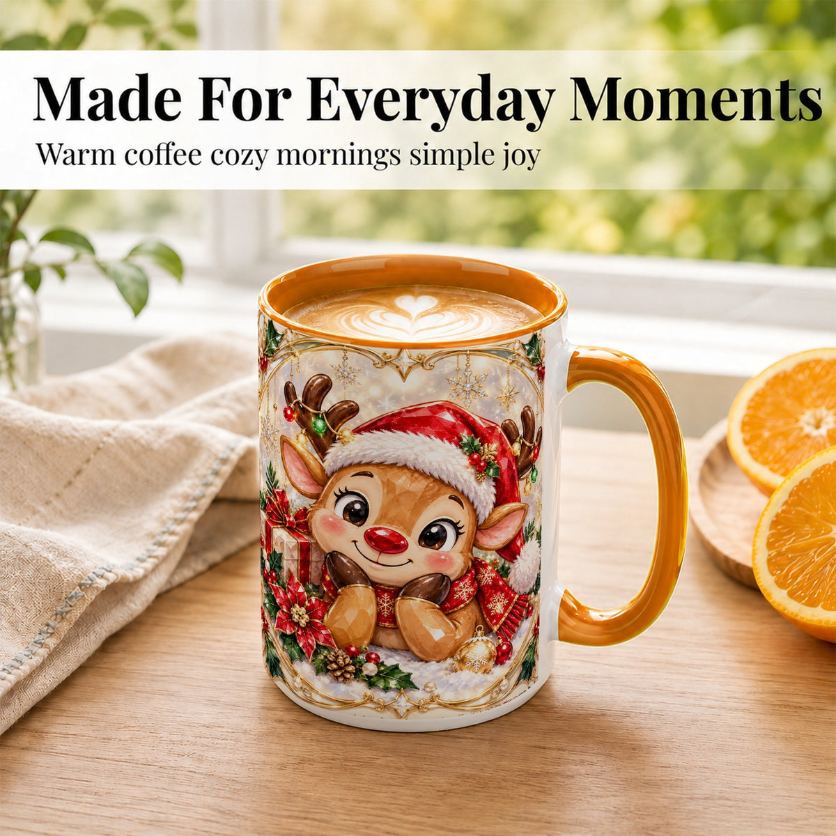 #pl[15oz|Orange] Jeweled Christmas Reindeer Coffee Mug, Holiday Deer Mug, Ceramic Cup