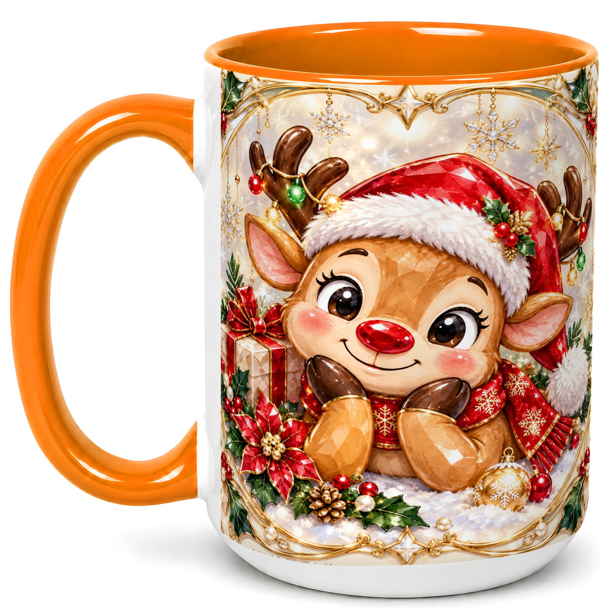 #pl[15oz|Orange] Jeweled Christmas Reindeer Coffee Mug, Holiday Deer Mug, Ceramic Cup