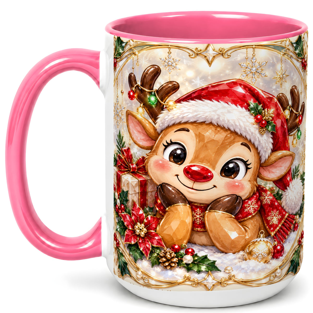 #pl[15oz|Pink] Jeweled Christmas Reindeer Coffee Mug, Holiday Deer Mug, Ceramic Cup