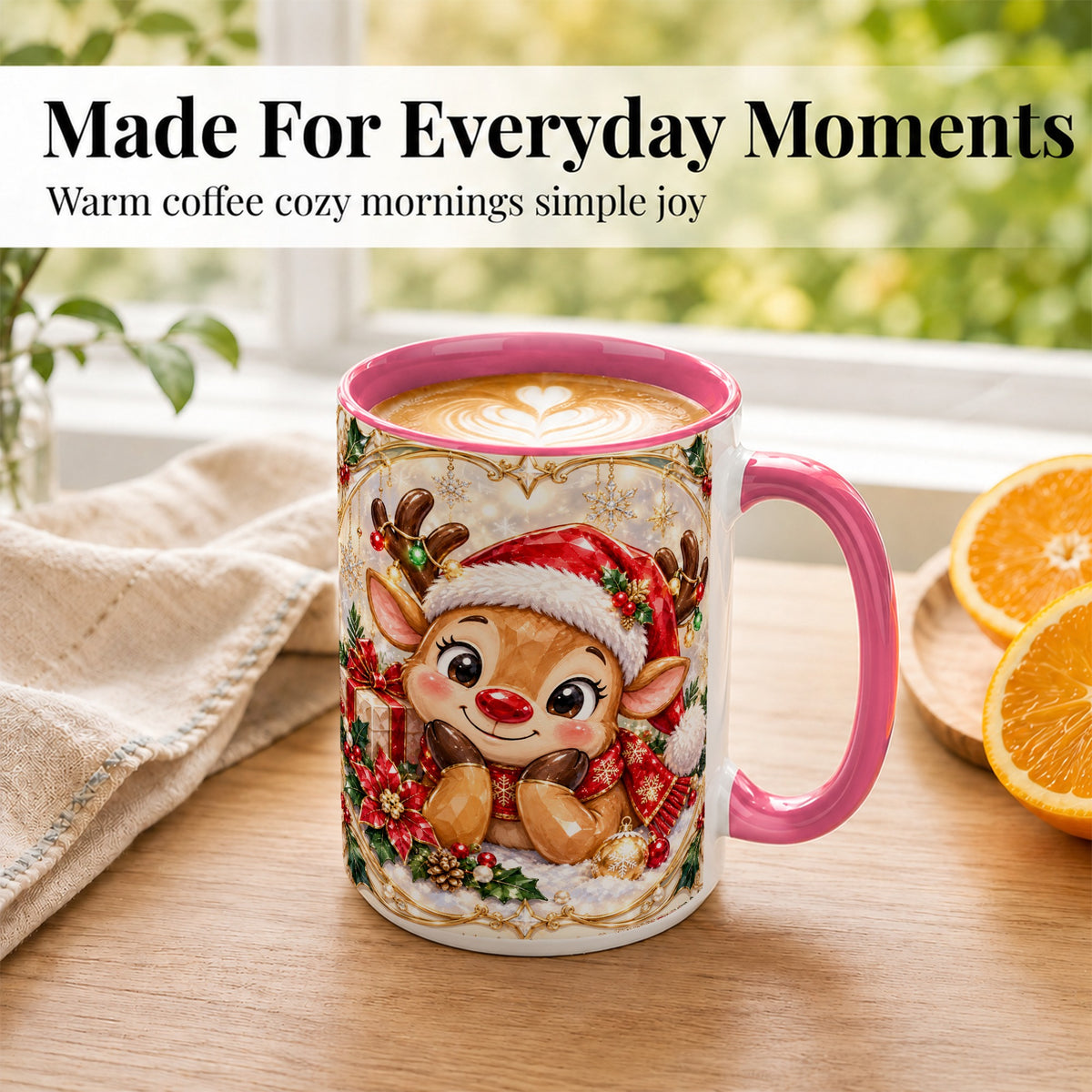 #pl[15oz|Pink] Jeweled Christmas Reindeer Coffee Mug, Holiday Deer Mug, Ceramic Cup