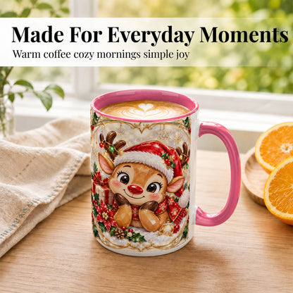 #pl[15oz|Pink] Jeweled Christmas Reindeer Coffee Mug, Holiday Deer Mug, Ceramic Cup