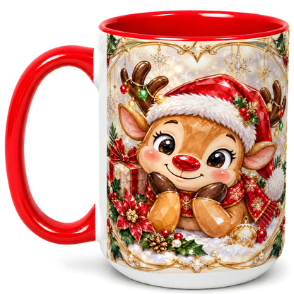 #pl[15oz|Red] Jeweled Christmas Reindeer Coffee Mug, Holiday Deer Mug, Ceramic Cup