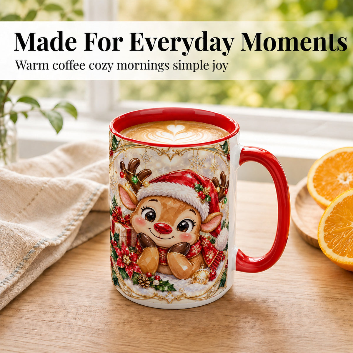 #pl[15oz|Red] Jeweled Christmas Reindeer Coffee Mug, Holiday Deer Mug, Ceramic Cup