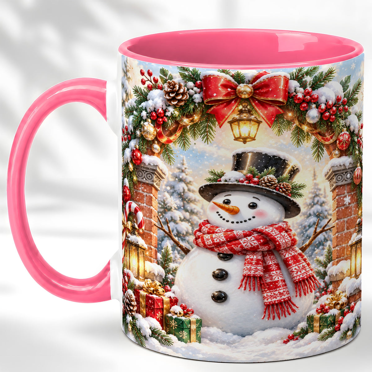 #pl[11oz|Pink] Snowman Christmas Coffee Mug, Winter Snowman Mug, Ceramic Cup