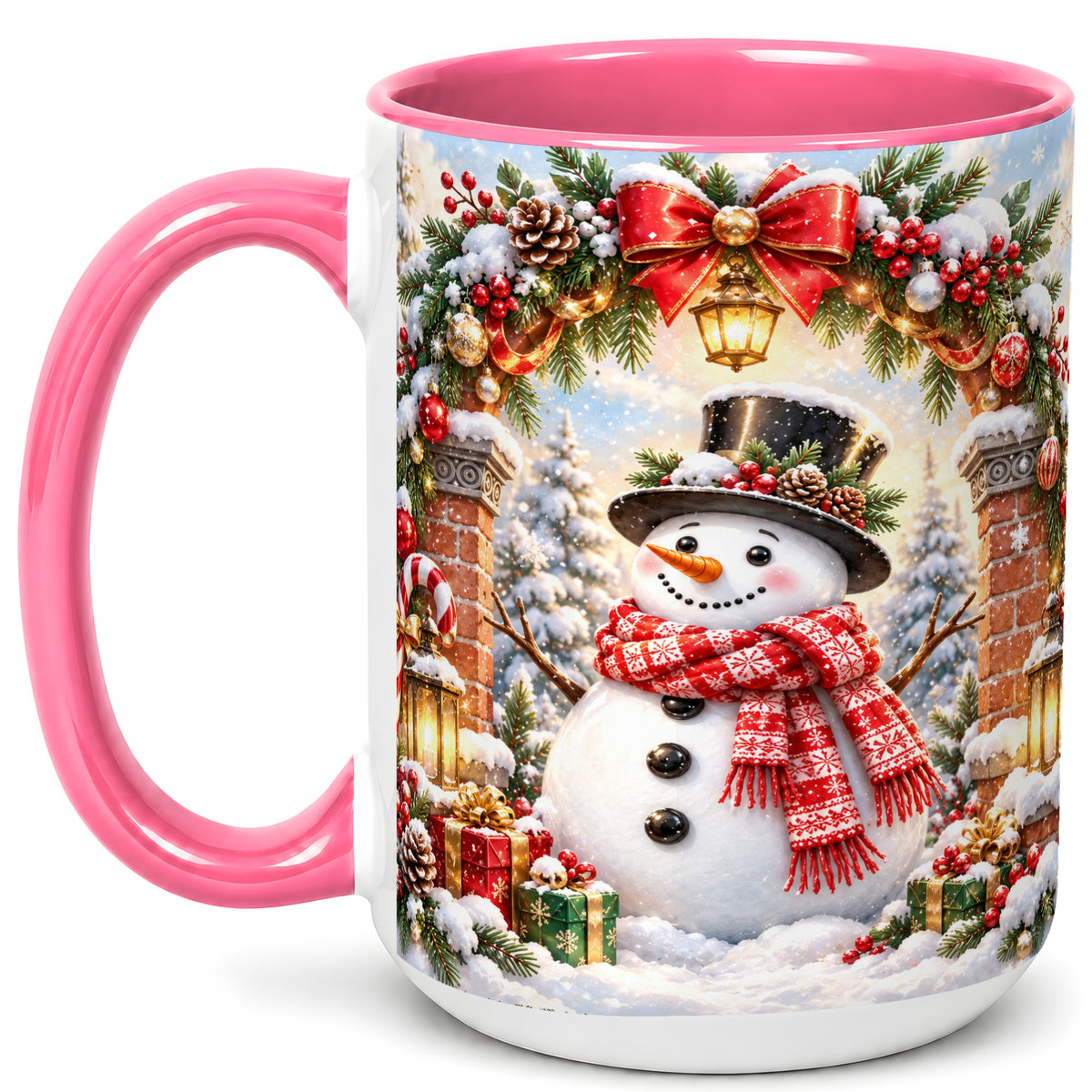 #pl[15oz|Pink] Snowman Christmas Coffee Mug, Winter Snowman Mug, Ceramic Cup