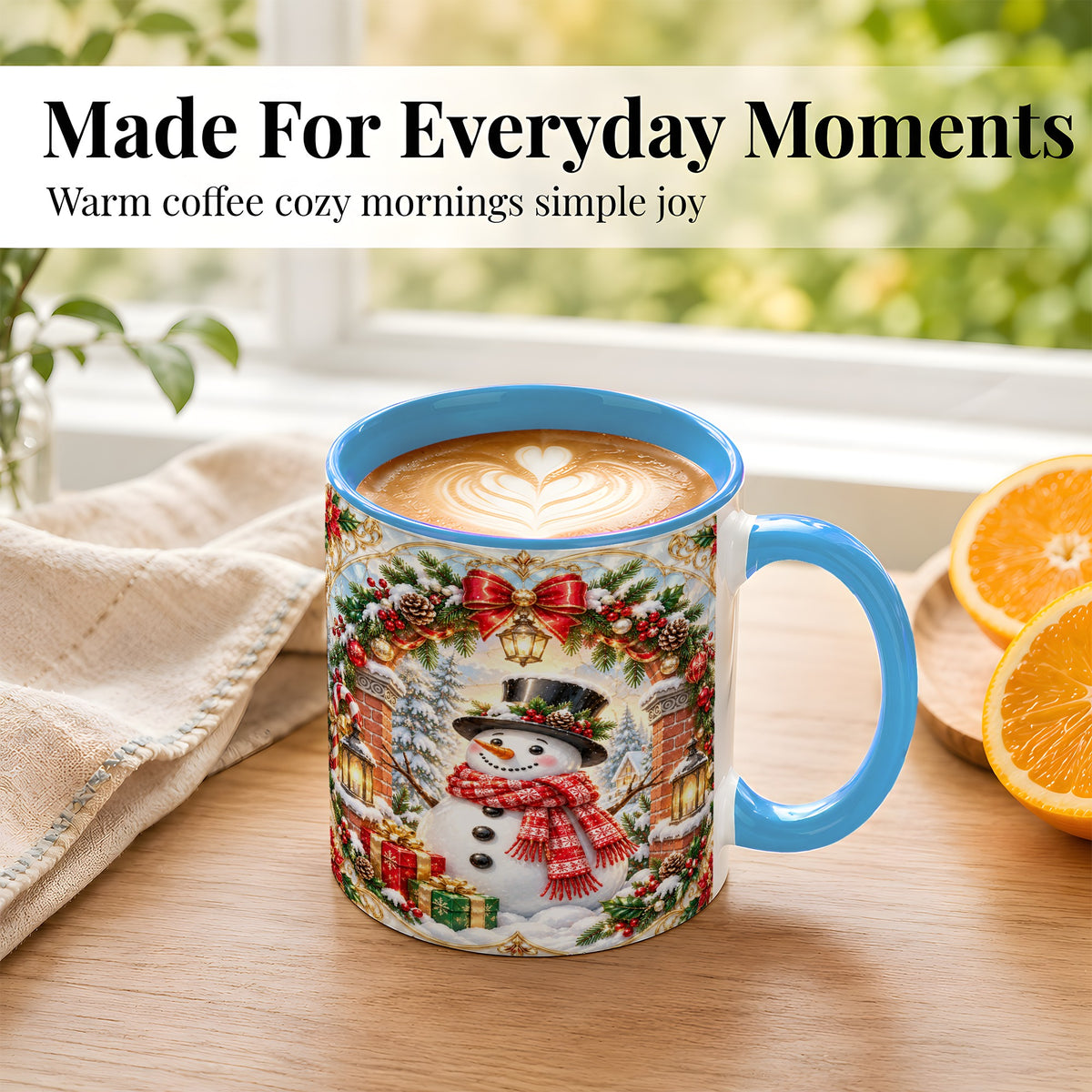 #pl[11oz|Blue] Ornate Snowman Coffee Mug, Christmas Winter Mug, Ceramic Cup