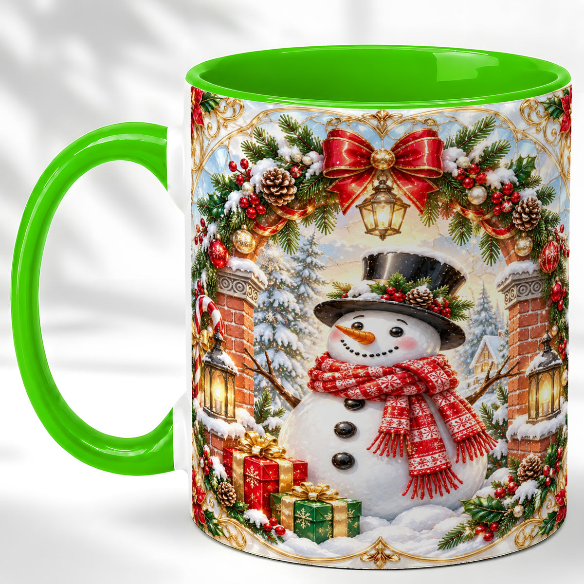 #pl[11oz|Green] Ornate Snowman Coffee Mug, Christmas Winter Mug, Ceramic Cup
