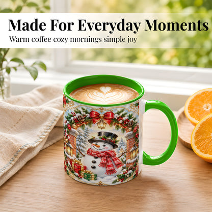 #pl[11oz|Green] Ornate Snowman Coffee Mug, Christmas Winter Mug, Ceramic Cup