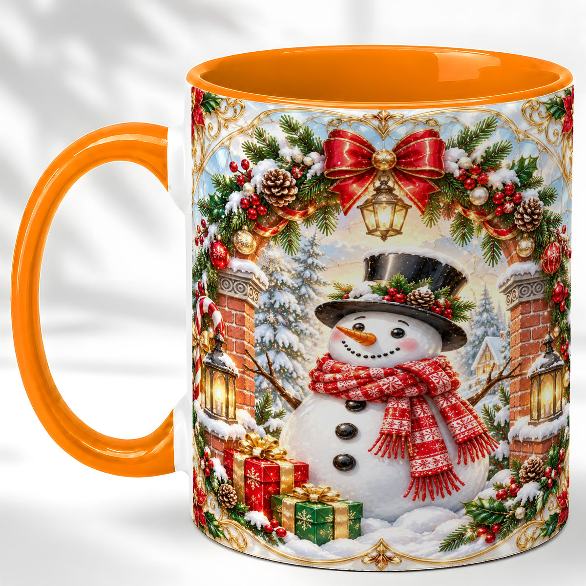 #pl[11oz|Orange] Ornate Snowman Coffee Mug, Christmas Winter Mug, Ceramic Cup