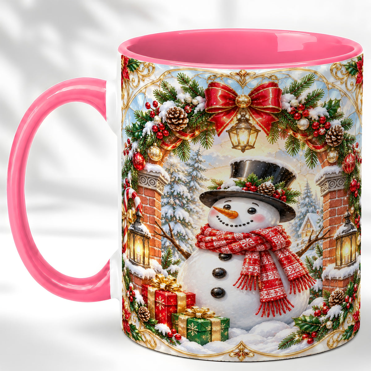 #pl[11oz|Pink] Ornate Snowman Coffee Mug, Christmas Winter Mug, Ceramic Cup