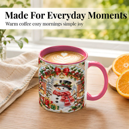 #pl[11oz|Pink] Ornate Snowman Coffee Mug, Christmas Winter Mug, Ceramic Cup