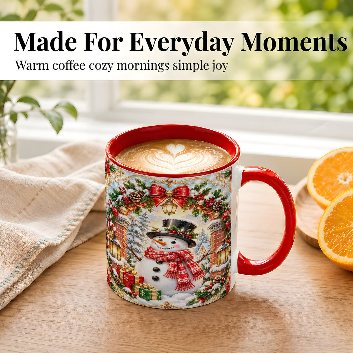 #pl[11oz|Red] Ornate Snowman Coffee Mug, Christmas Winter Mug, Ceramic Cup