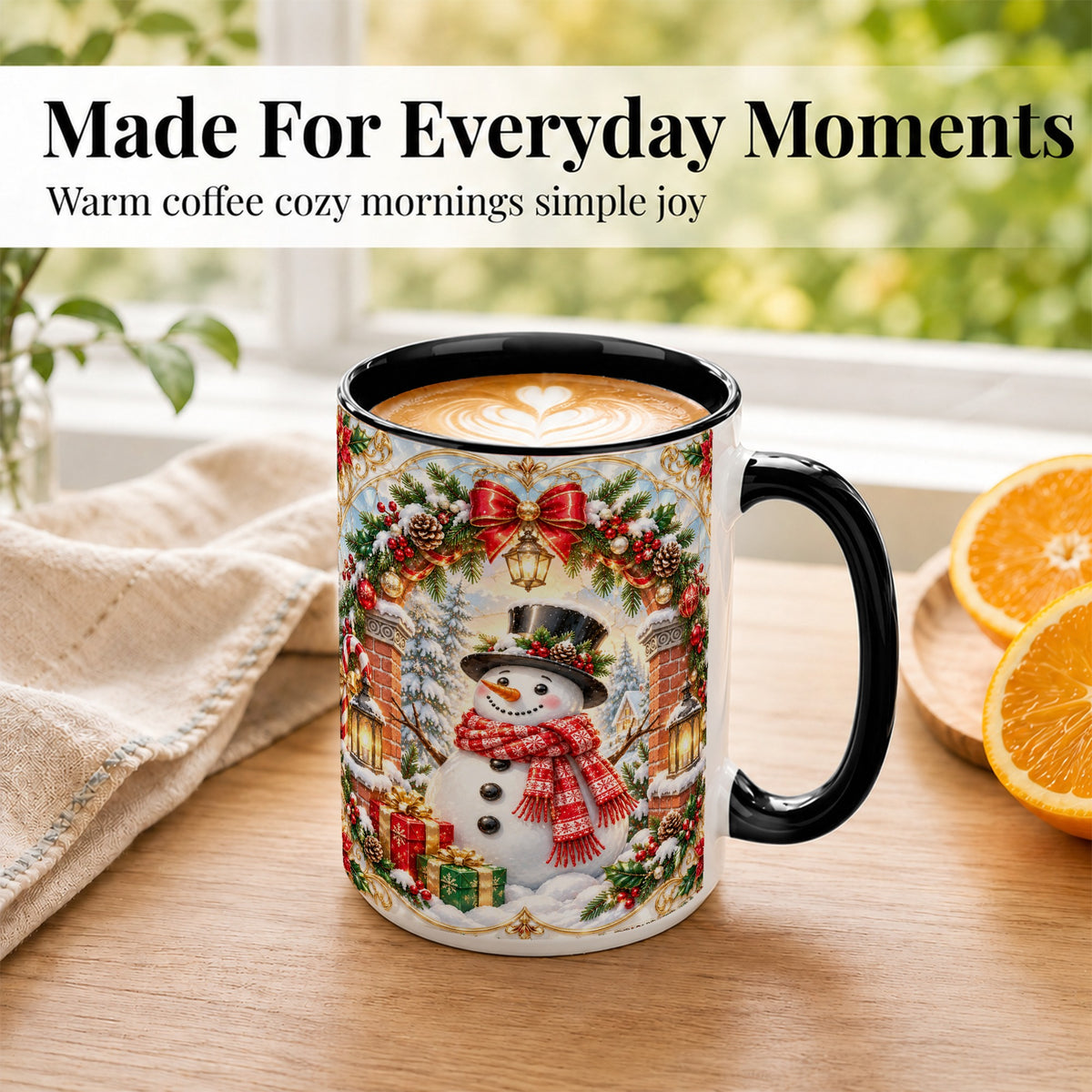 #pl[15oz|Black] Ornate Snowman Coffee Mug, Christmas Winter Mug, Ceramic Cup