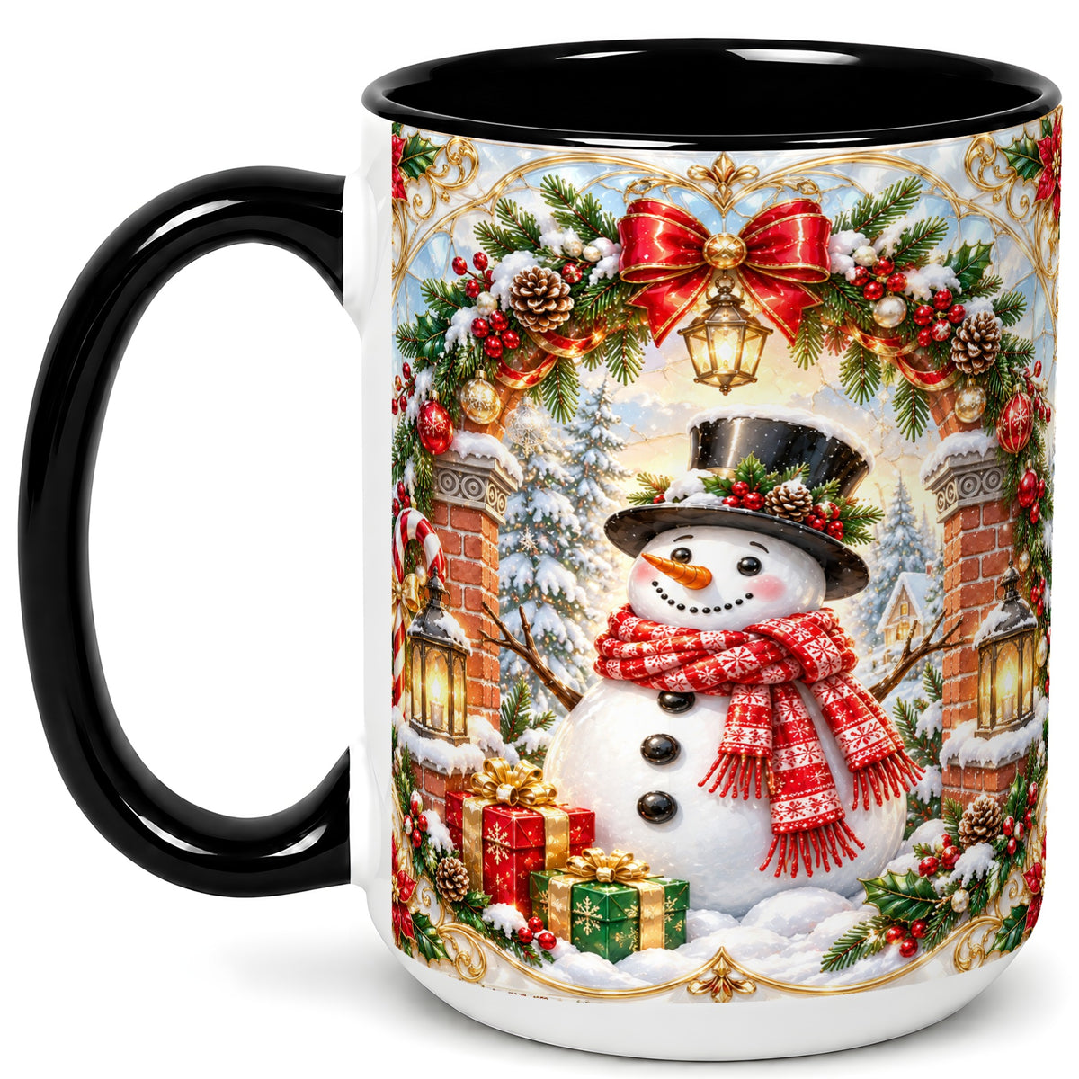 #pl[15oz|Black] Ornate Snowman Coffee Mug, Christmas Winter Mug, Ceramic Cup