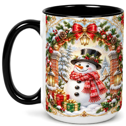 #pl[15oz|Black] Ornate Snowman Coffee Mug, Christmas Winter Mug, Ceramic Cup