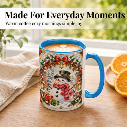 #pl[15oz|Blue] Ornate Snowman Coffee Mug, Christmas Winter Mug, Ceramic Cup