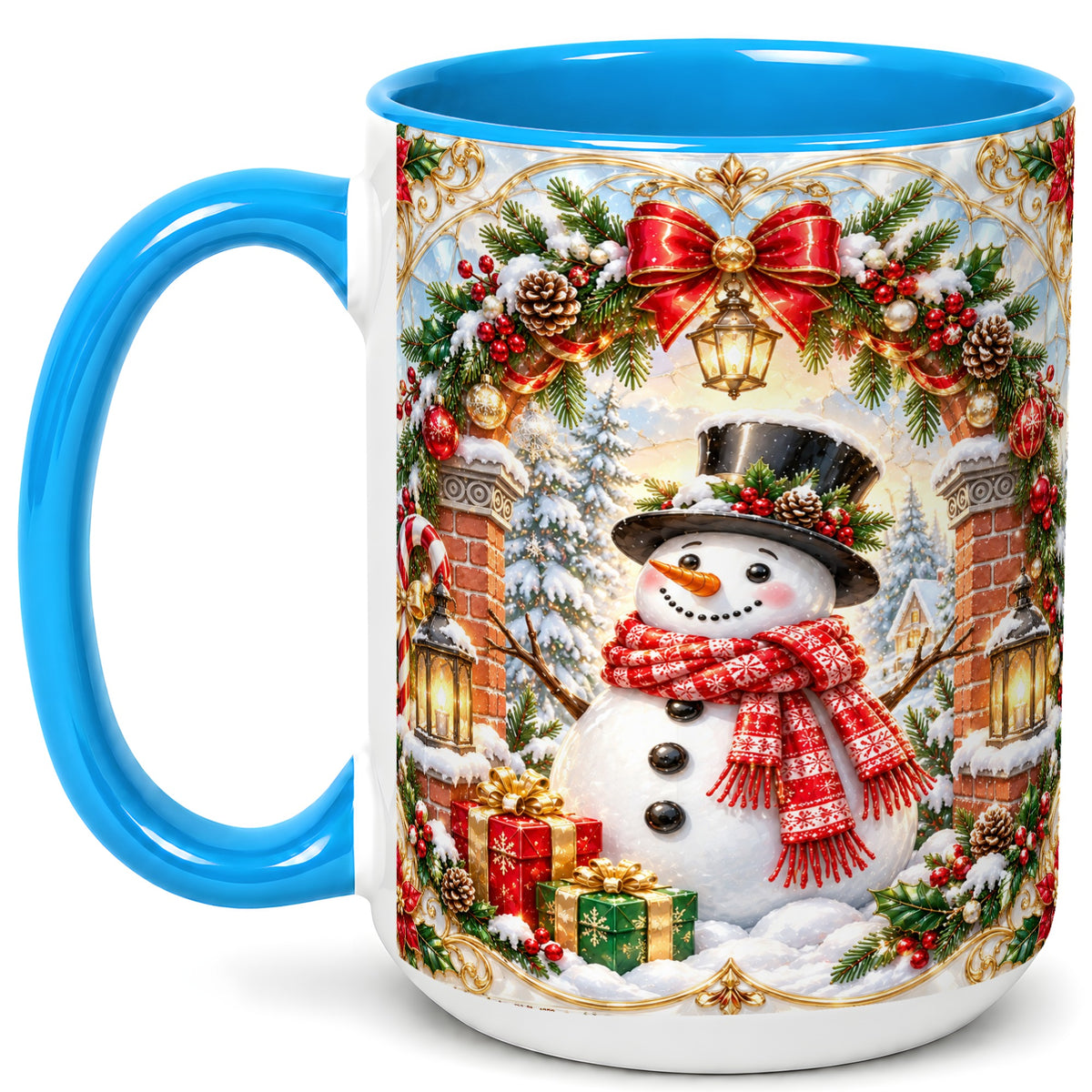 #pl[15oz|Blue] Ornate Snowman Coffee Mug, Christmas Winter Mug, Ceramic Cup
