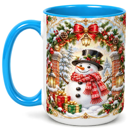 #pl[15oz|Blue] Ornate Snowman Coffee Mug, Christmas Winter Mug, Ceramic Cup