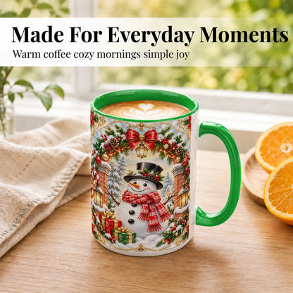 #pl[15oz|Green] Ornate Snowman Coffee Mug, Christmas Winter Mug, Ceramic Cup