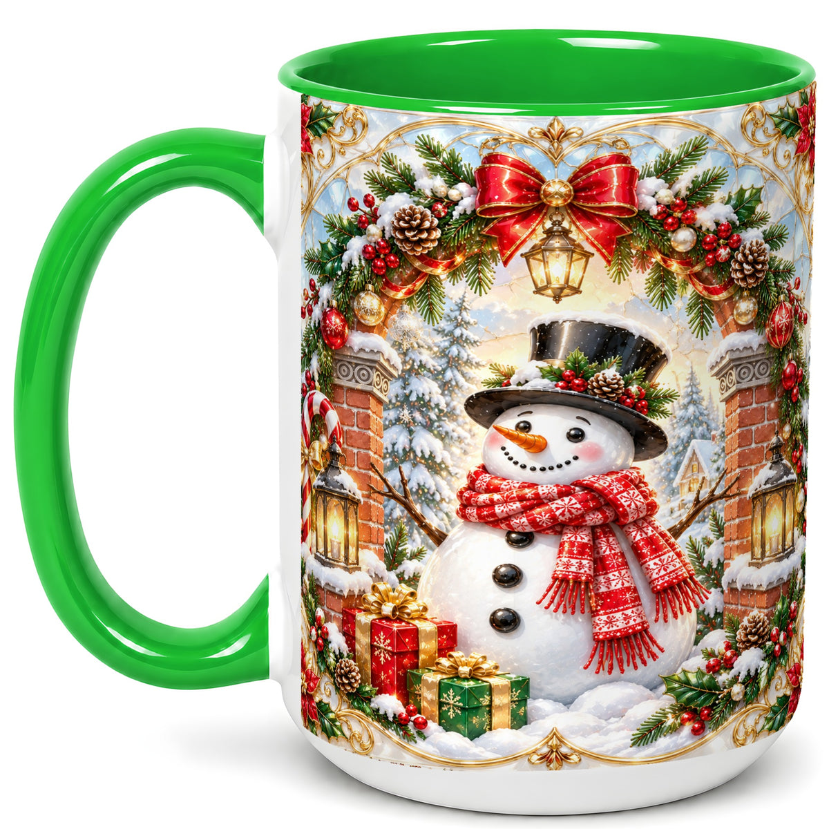 #pl[15oz|Green] Ornate Snowman Coffee Mug, Christmas Winter Mug, Ceramic Cup