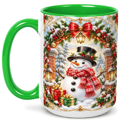 #pl[15oz|Green] Ornate Snowman Coffee Mug, Christmas Winter Mug, Ceramic Cup