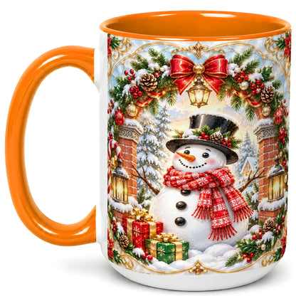 #pl[15oz|Orange] Ornate Snowman Coffee Mug, Christmas Winter Mug, Ceramic Cup