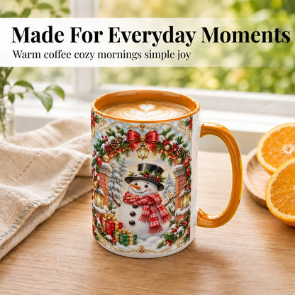 #pl[15oz|Orange] Ornate Snowman Coffee Mug, Christmas Winter Mug, Ceramic Cup