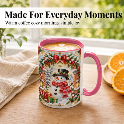 #pl[15oz|Pink] Ornate Snowman Coffee Mug, Christmas Winter Mug, Ceramic Cup