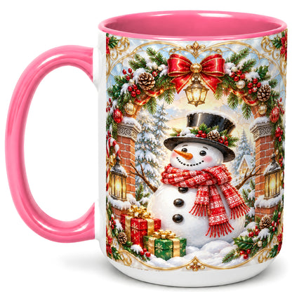 #pl[15oz|Pink] Ornate Snowman Coffee Mug, Christmas Winter Mug, Ceramic Cup
