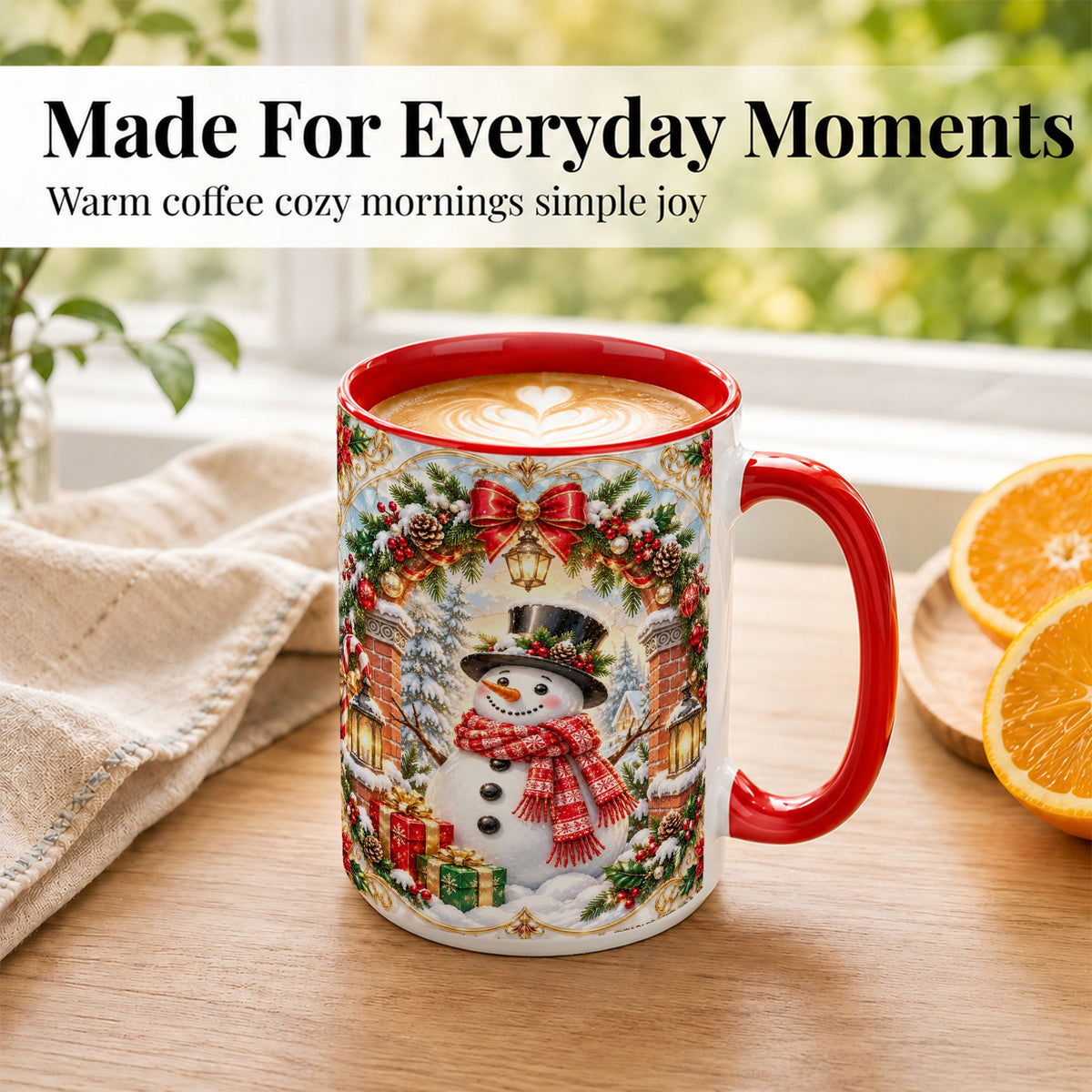 #pl[15oz|Red] Ornate Snowman Coffee Mug, Christmas Winter Mug, Ceramic Cup