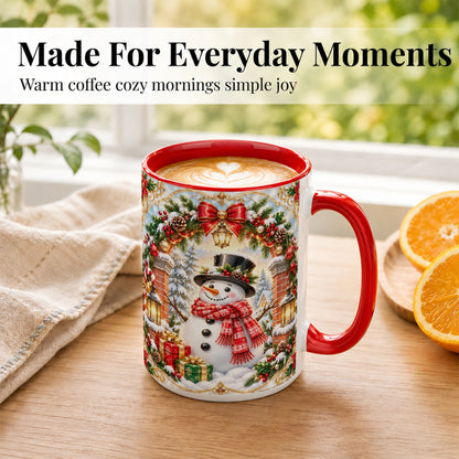 #pl[15oz|Red] Ornate Snowman Coffee Mug, Christmas Winter Mug, Ceramic Cup