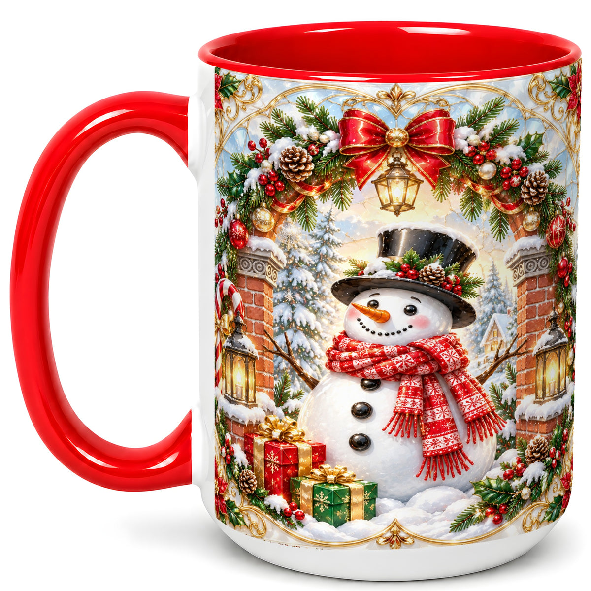 #pl[15oz|Red] Ornate Snowman Coffee Mug, Christmas Winter Mug, Ceramic Cup