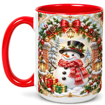 #pl[15oz|Red] Ornate Snowman Coffee Mug, Christmas Winter Mug, Ceramic Cup