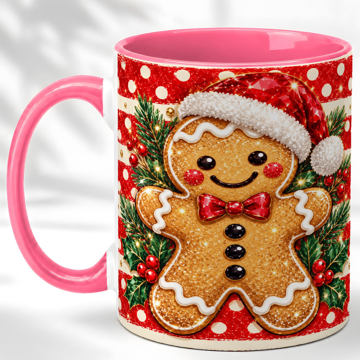 #pl[11oz|Pink] Gingerbread Christmas Coffee Mug, Holiday Cookie Mug, Ceramic Cup