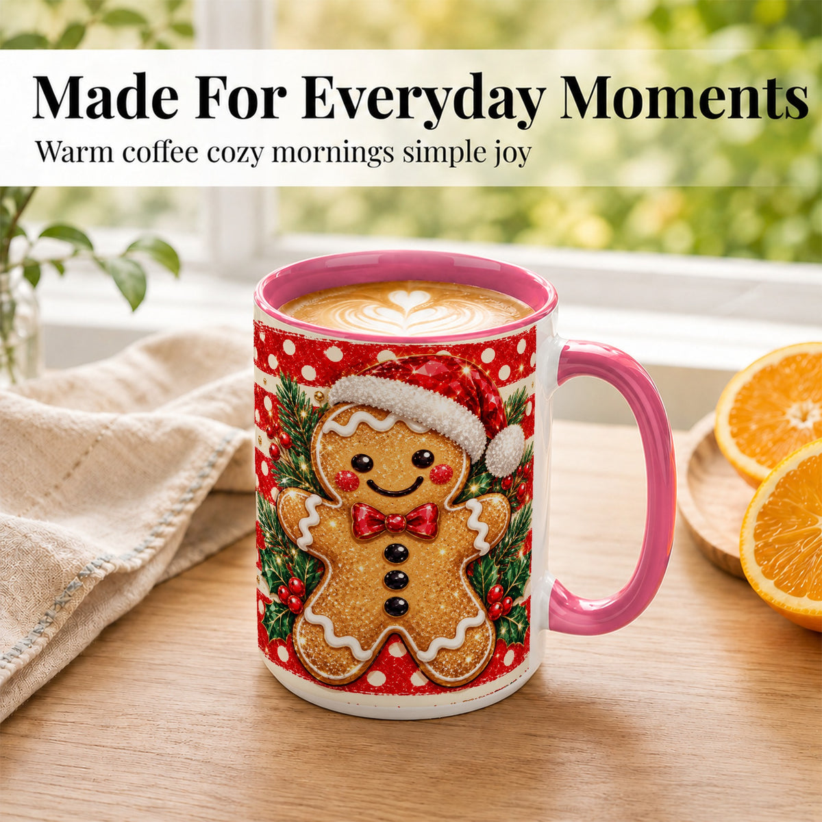 #pl[15oz|Pink] Gingerbread Christmas Coffee Mug, Holiday Cookie Mug, Ceramic Cup