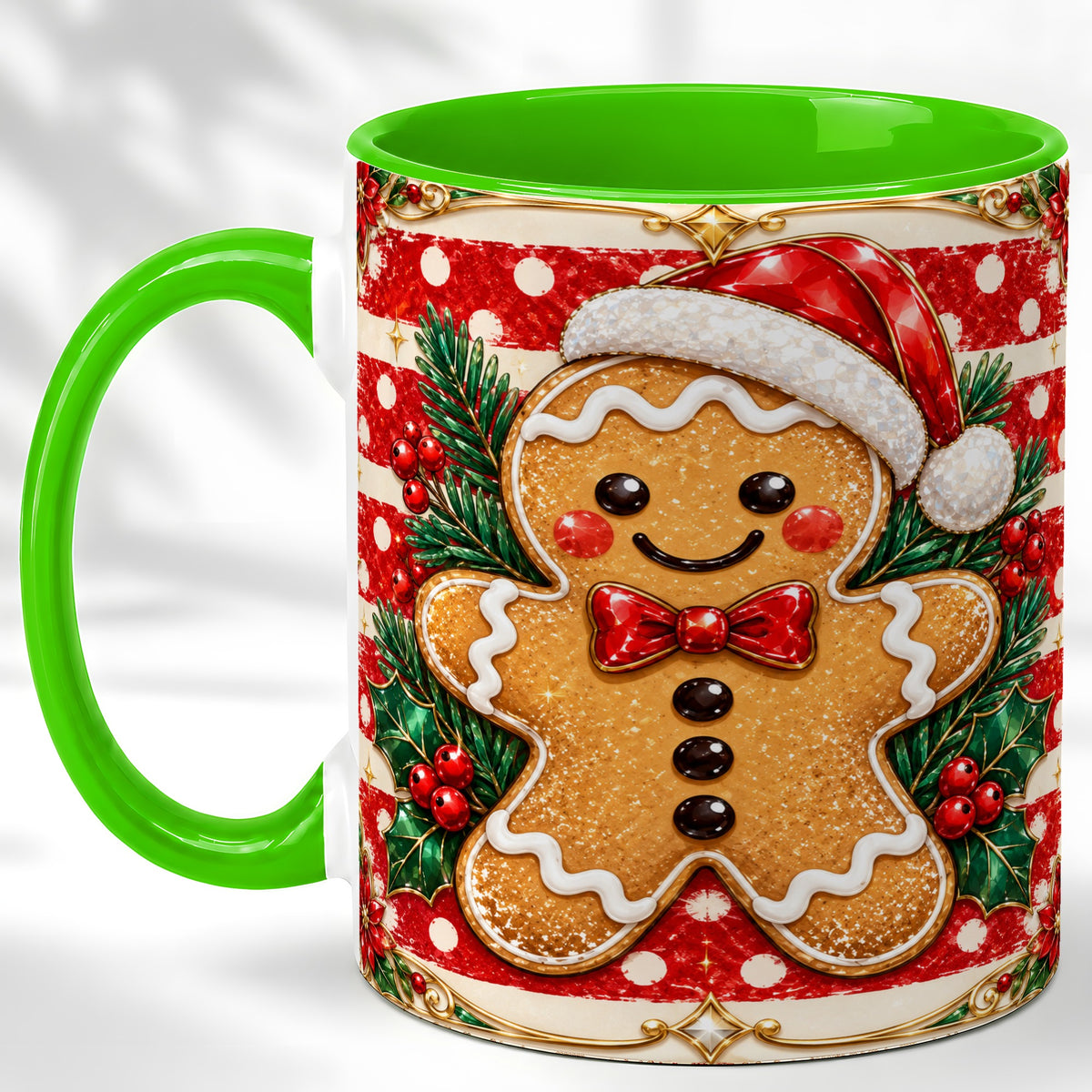 #pl[11oz|Green] Ornate Gingerbread Coffee Mug, Christmas Cookie Mug, Ceramic Cup