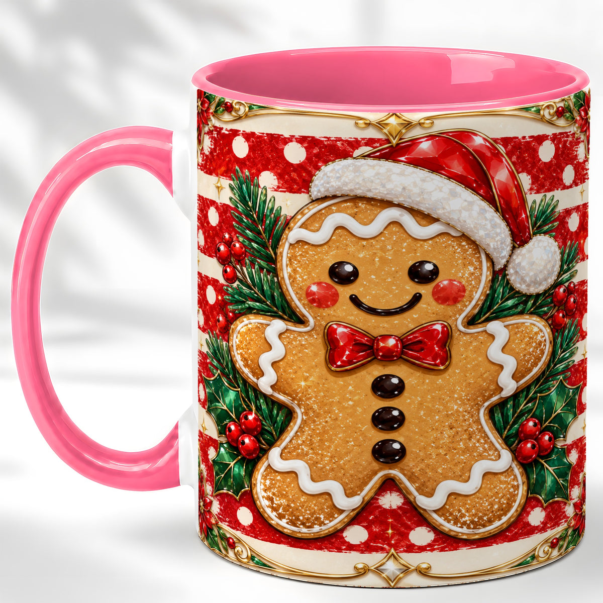 #pl[11oz|Pink] Ornate Gingerbread Coffee Mug, Christmas Cookie Mug, Ceramic Cup