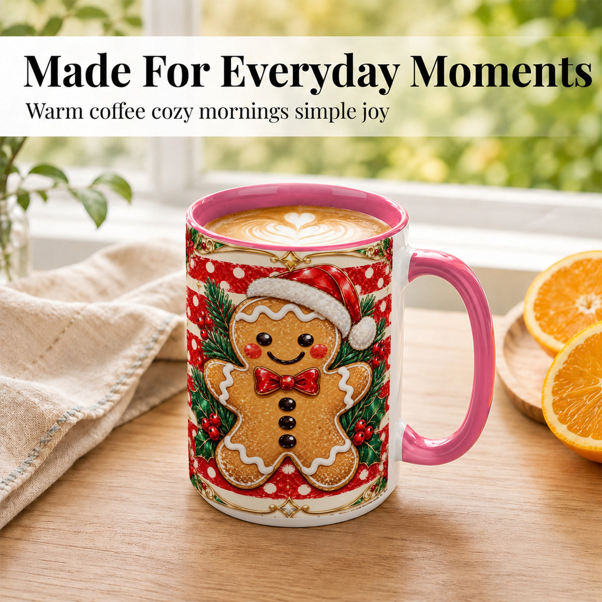 #pl[15oz|Pink] Ornate Gingerbread Coffee Mug, Christmas Cookie Mug, Ceramic Cup