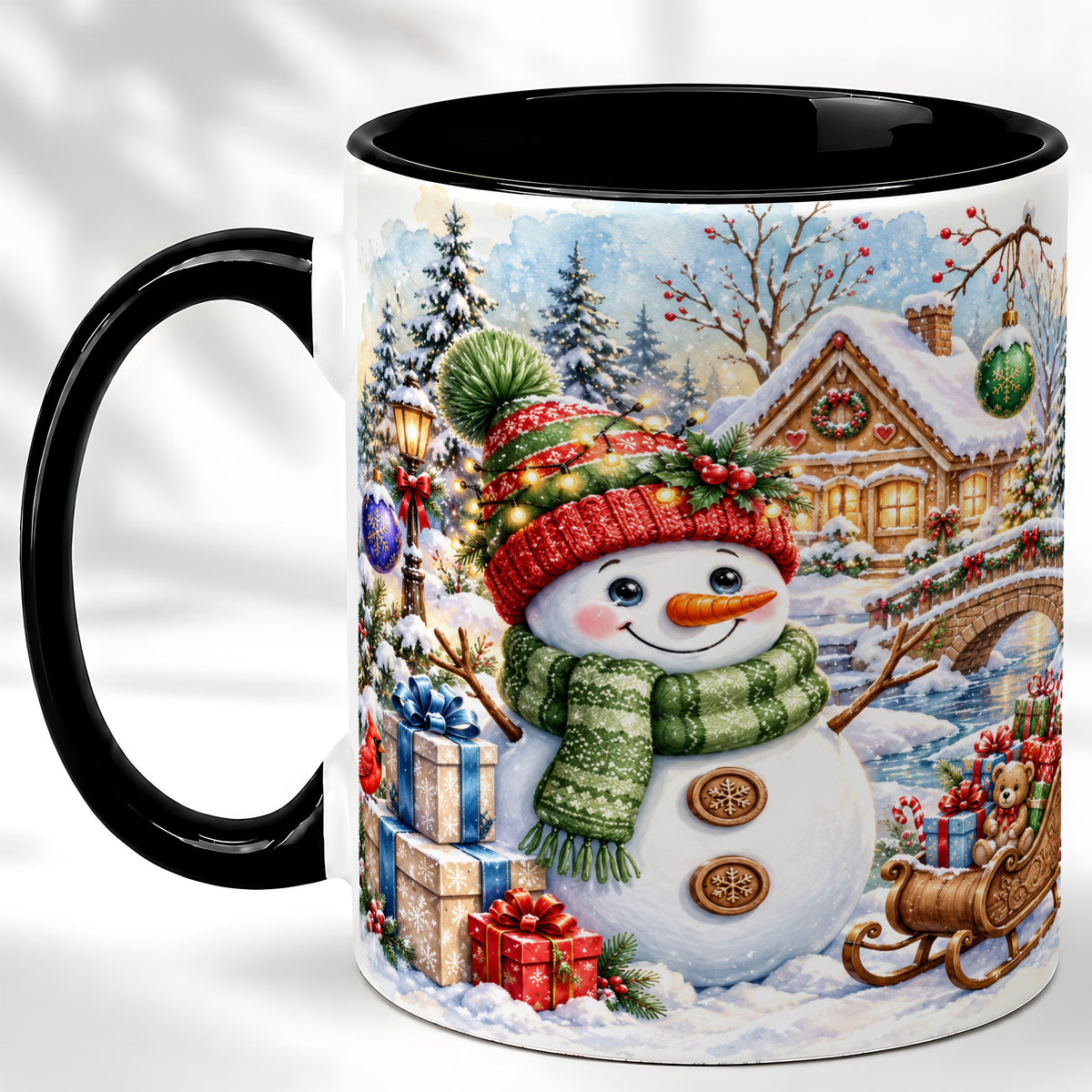 #pl[11oz|Black] Watercolor Snowman Coffee Mug, Christmas Village Mug, Ceramic Cup