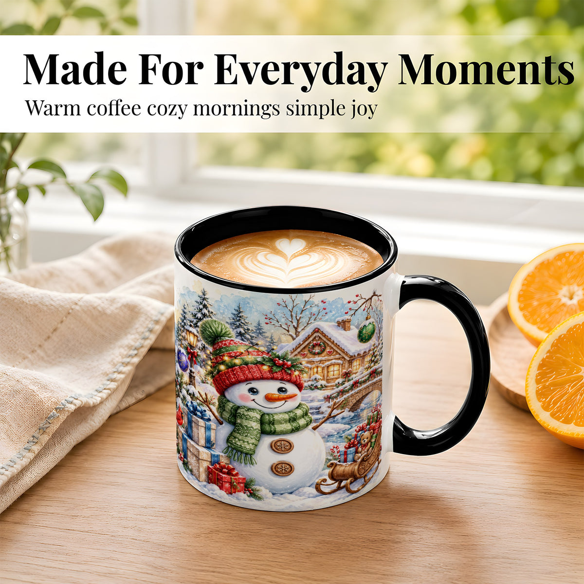 #pl[11oz|Black] Watercolor Snowman Coffee Mug, Christmas Village Mug, Ceramic Cup